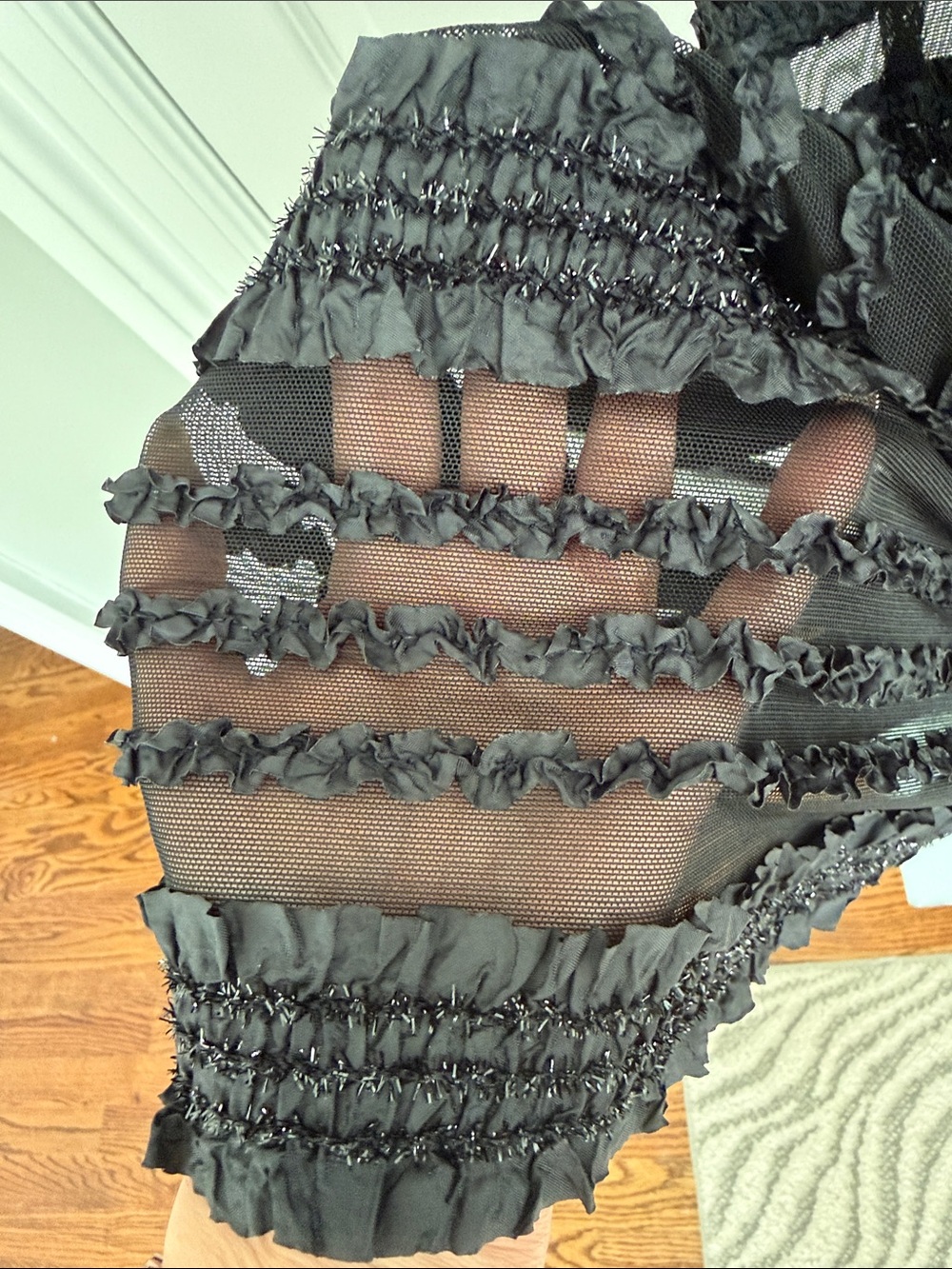 Vintage Tadashi Black Metalic Ruffle Sheer Mesh Cocktail Illusion Dress Size 4P - Picture 7 of 14